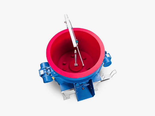A blue and red bowl with a metal handle.