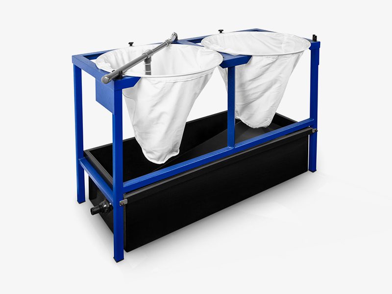 A blue and black stand with two white buckets